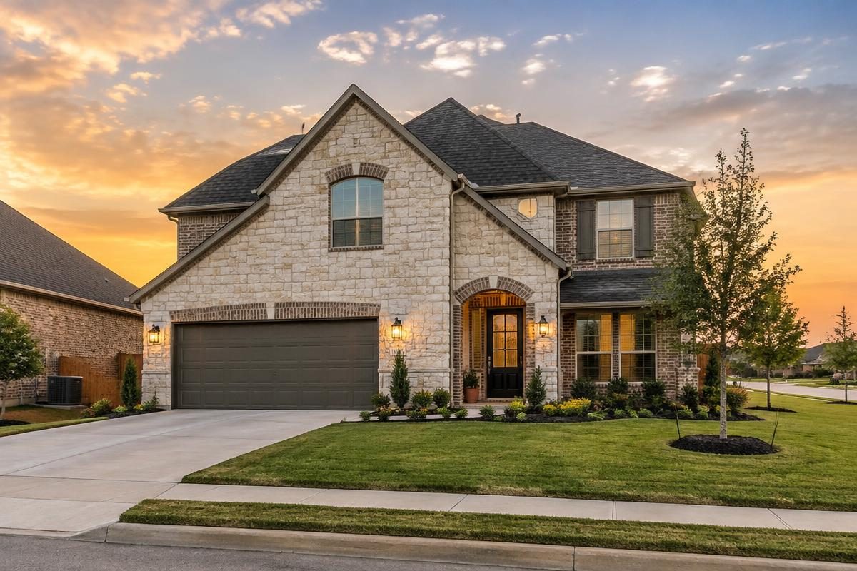 A newer stone and brick home on a clean modern street in Alamo Ranch