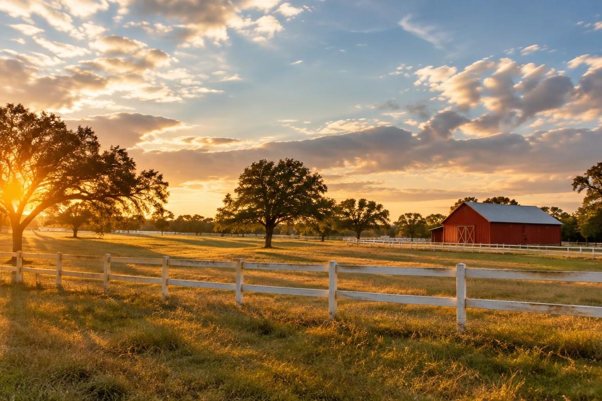 Open pasture with a white rail fence and red barn in China Grove