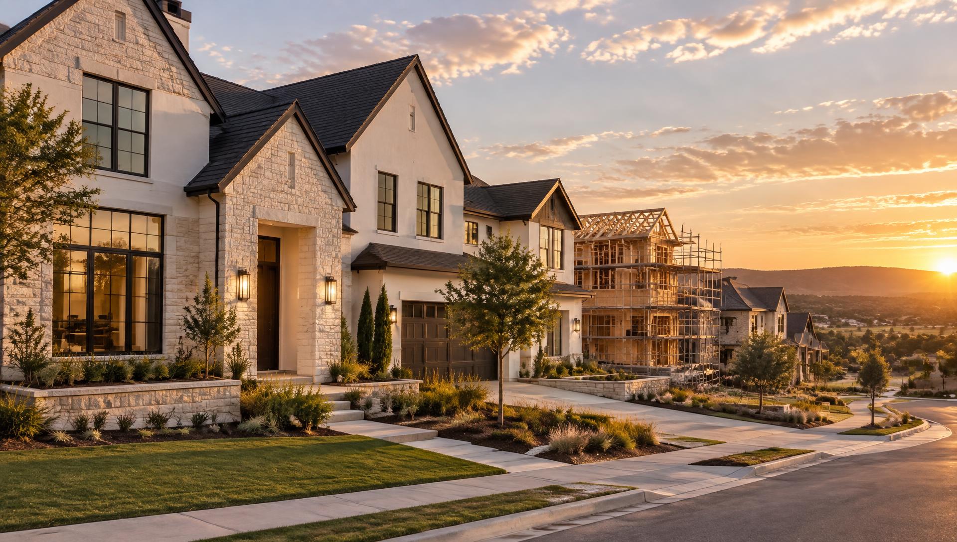 New-construction luxury homes in a Texas community at golden hour