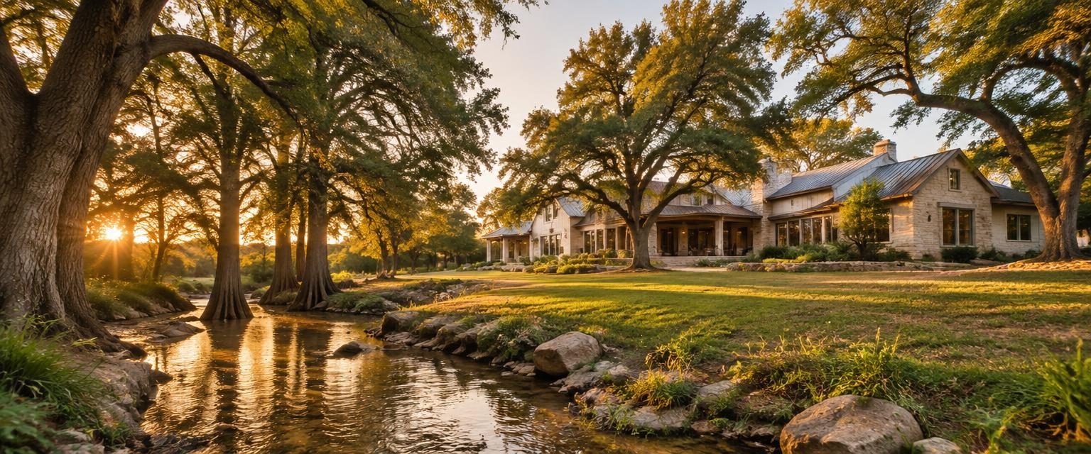 A limestone Hill Country estate home with live oaks and a cypress-lined creek in Fair Oaks Ranch