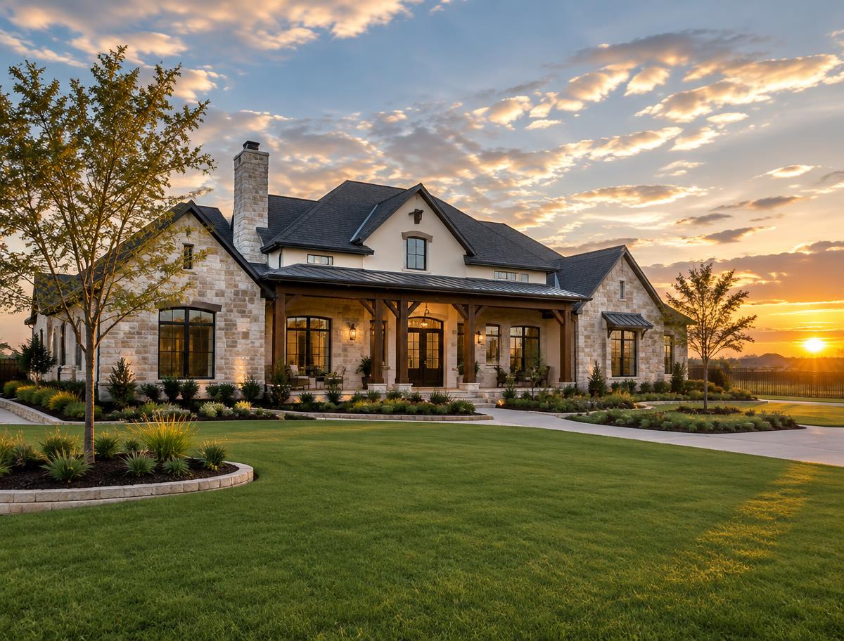 An upscale new-construction home in a landscaped Fulshear community