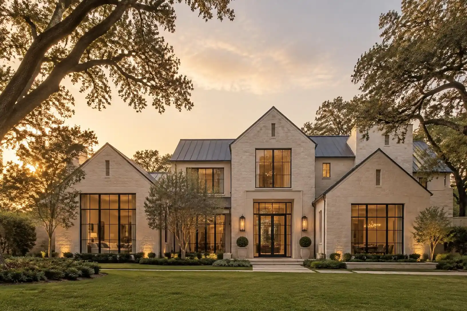 Finished new-construction home exterior in Texas at golden hour