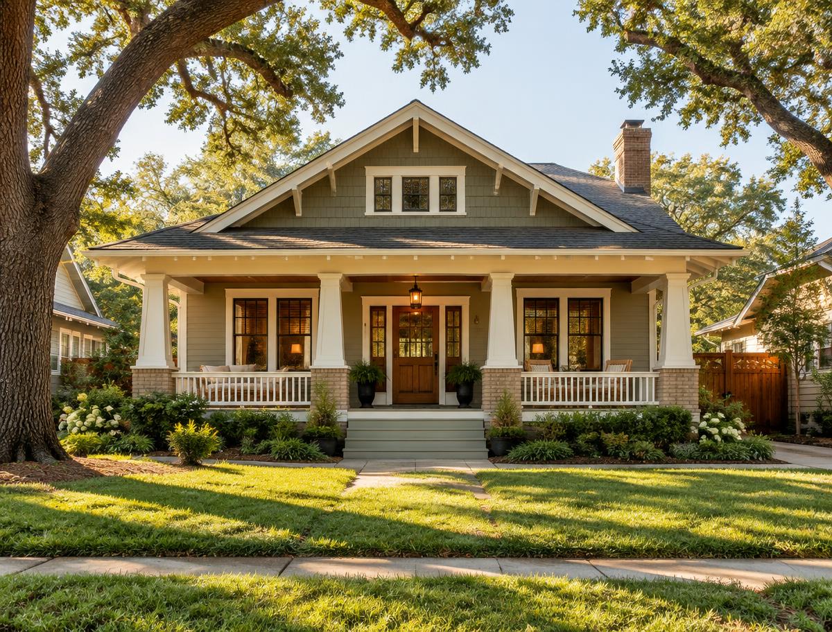 A restored Craftsman bungalow framed by mature trees in Houston Heights