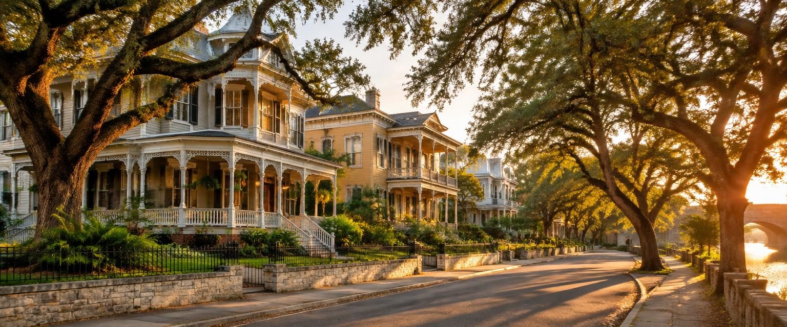 Restored Victorian and Italianate mansions with wraparound porches on a tree-lined King William street