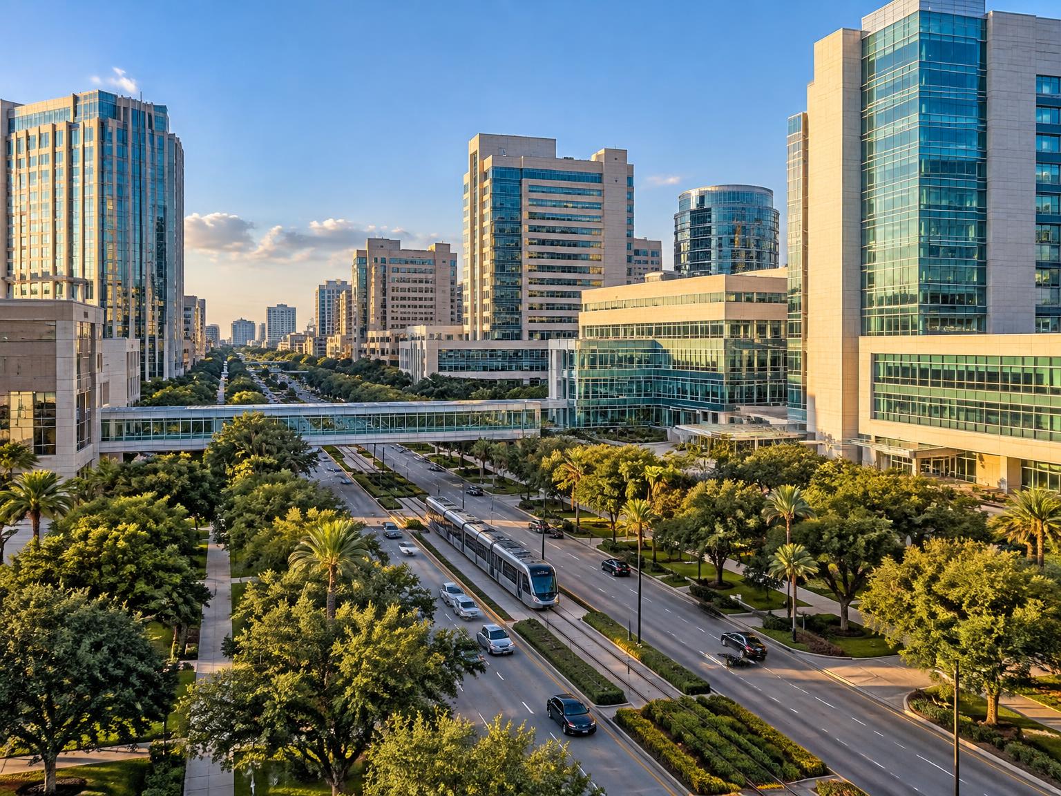 Tree-lined inner-loop Houston street at golden hour with medical towers in the distance