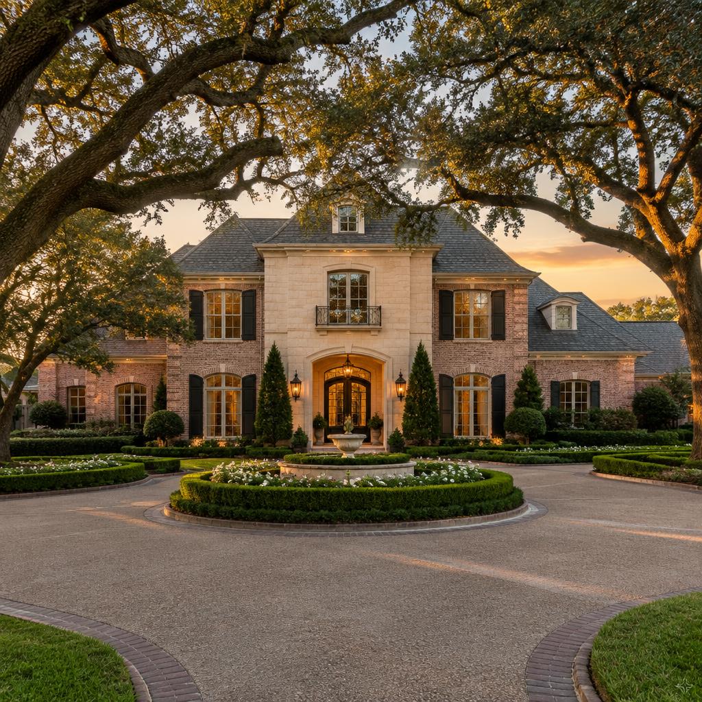 A stately estate approached through mature live oaks in Memorial