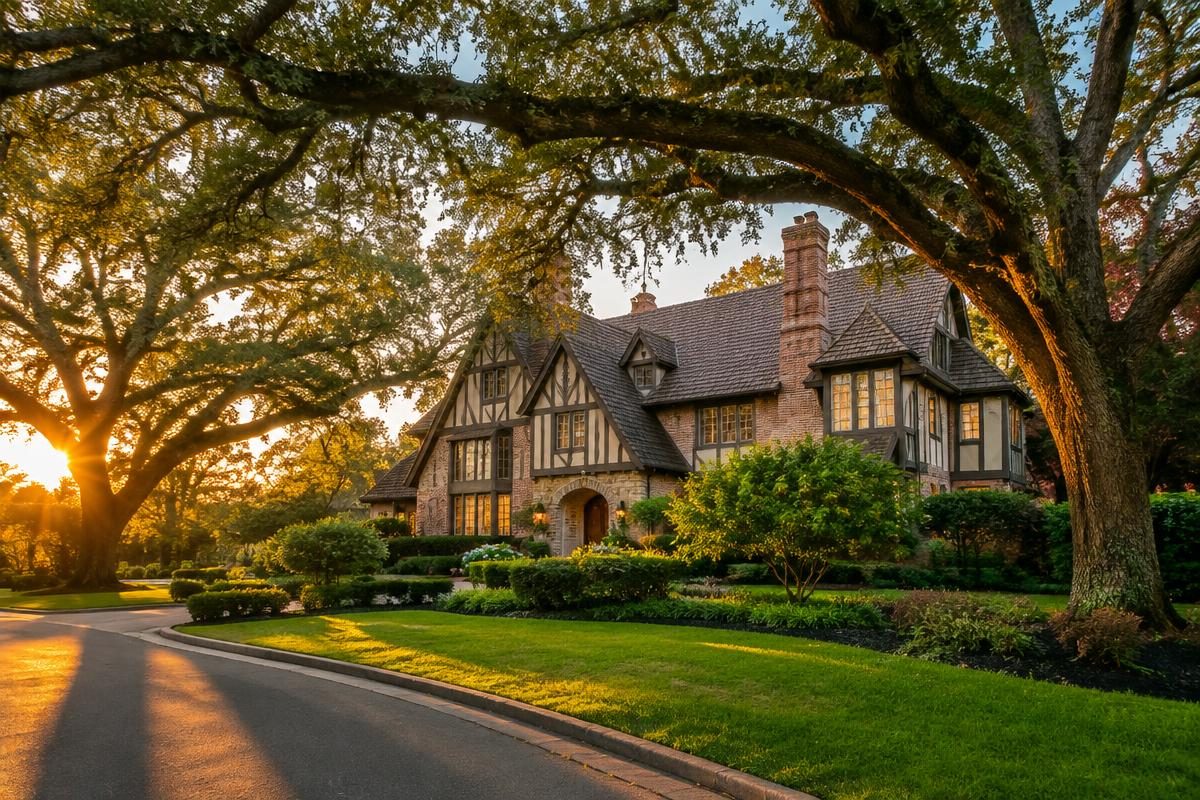 A Tudor estate with lush landscaping under live oaks in Olmos Park