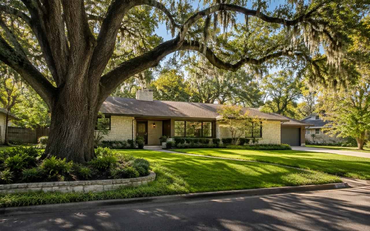 A traditional home beneath broad live oaks in Tarrytown, Austin