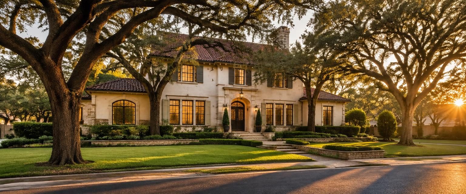 A stately historic estate home with a manicured lawn under mature live oaks in Terrell Hills