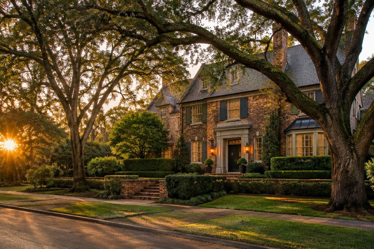 A classic brick estate home shaded by live oaks in Terrell Hills