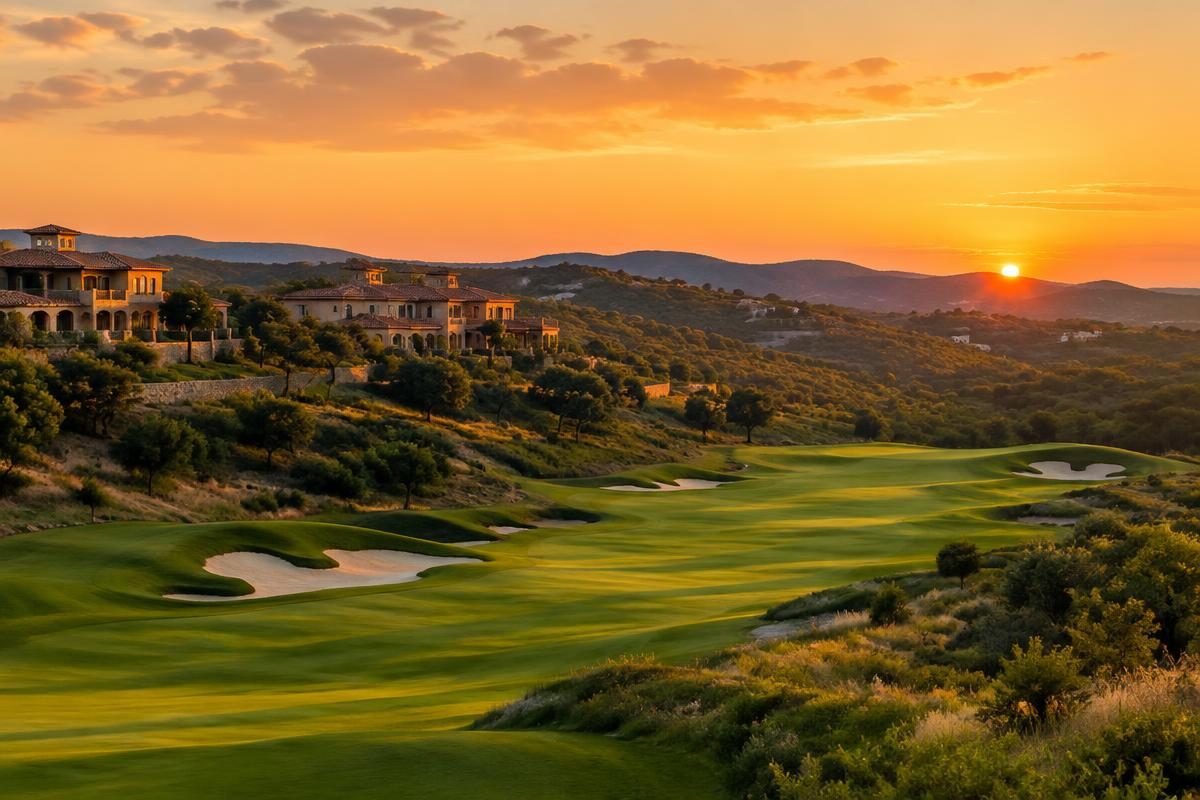 A manicured golf course fairway at sunset in The Dominion
