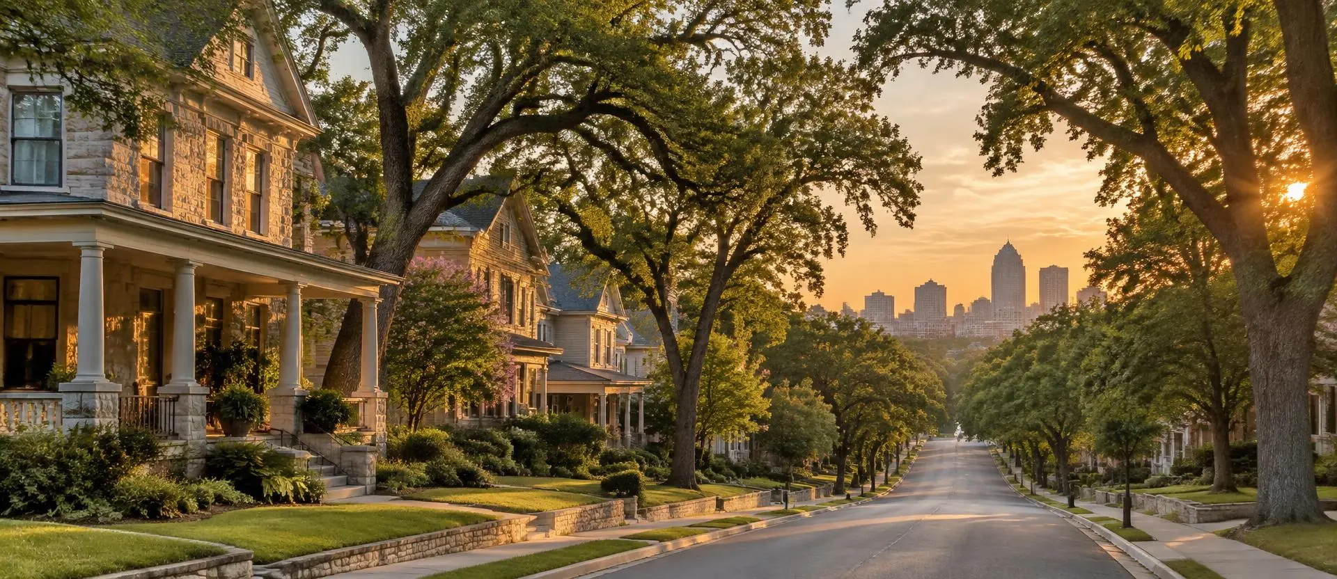 Tree-lined historic San Antonio neighborhood street with the downtown skyline at golden hour